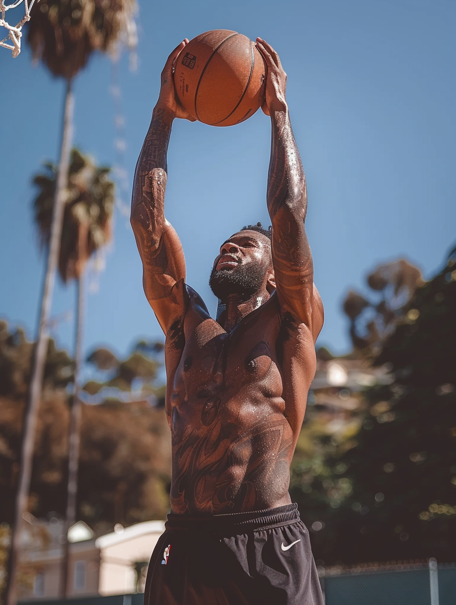 Basketball player slam dunking ball