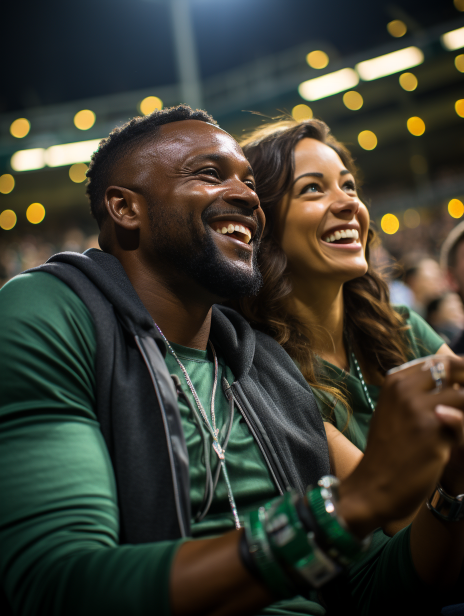 Basketball superfans cheering courtside in green