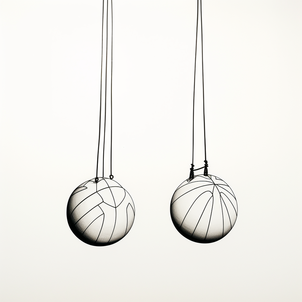 Minimalist basketballs suspended by laces on a white background