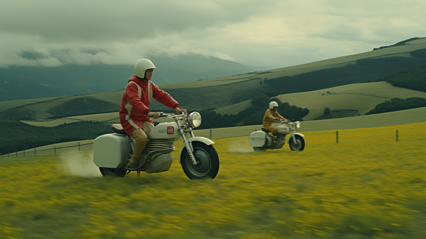 Futuristic motorcycle chase through Basque country field