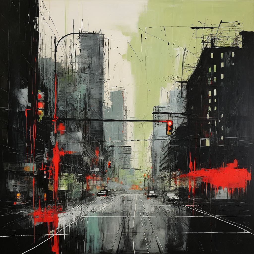 Basquiat-inspired cityscape with muted grey, green, and red tones