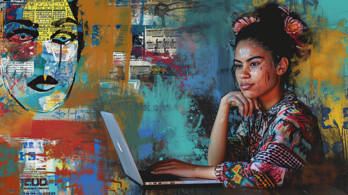 Hispanic woman working on laptop in Basquiat style