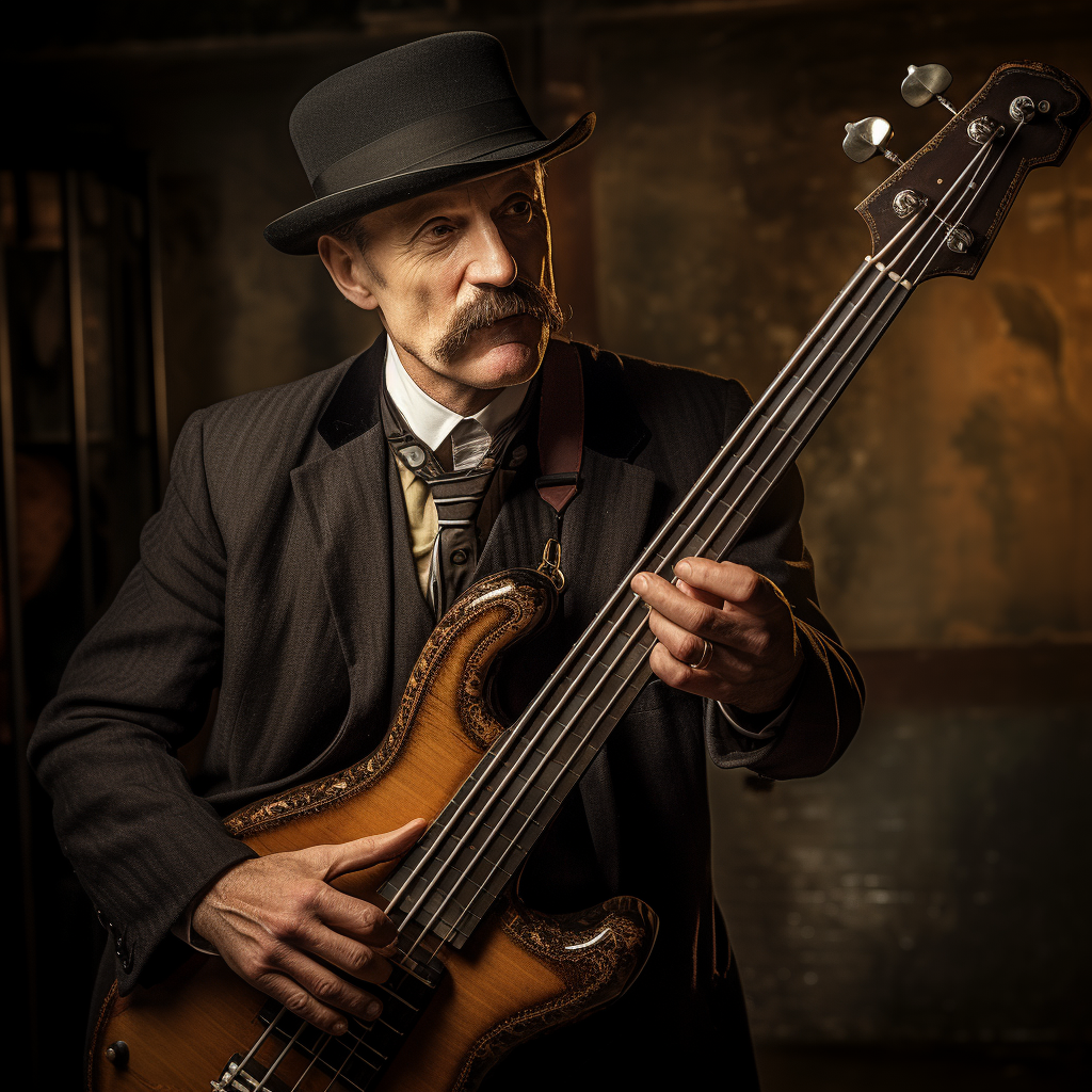 Talented bass guitar player performing in vaudeville