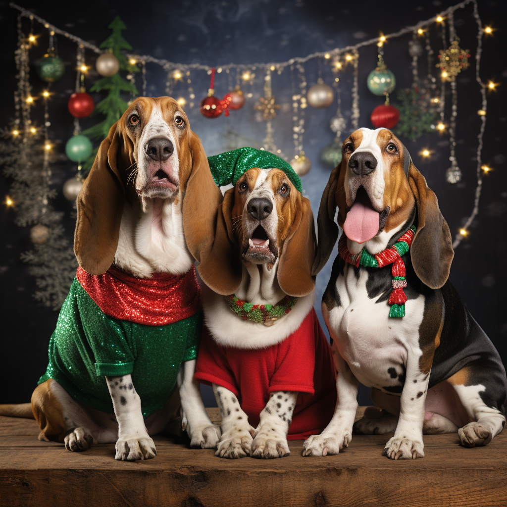 Two Basset Hounds and Siamese Cat in Ugly Christmas Sweaters