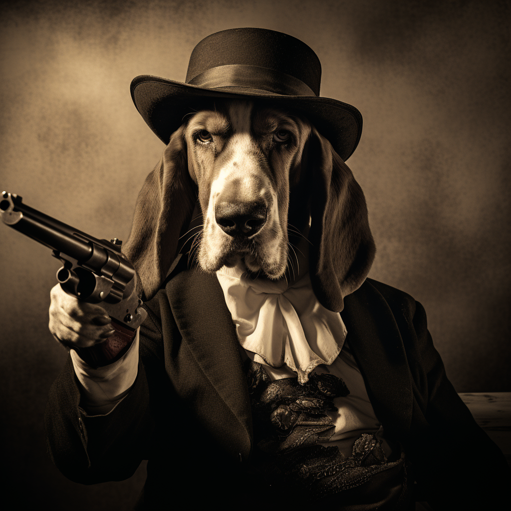 Basset Hound dressed as gunfighter