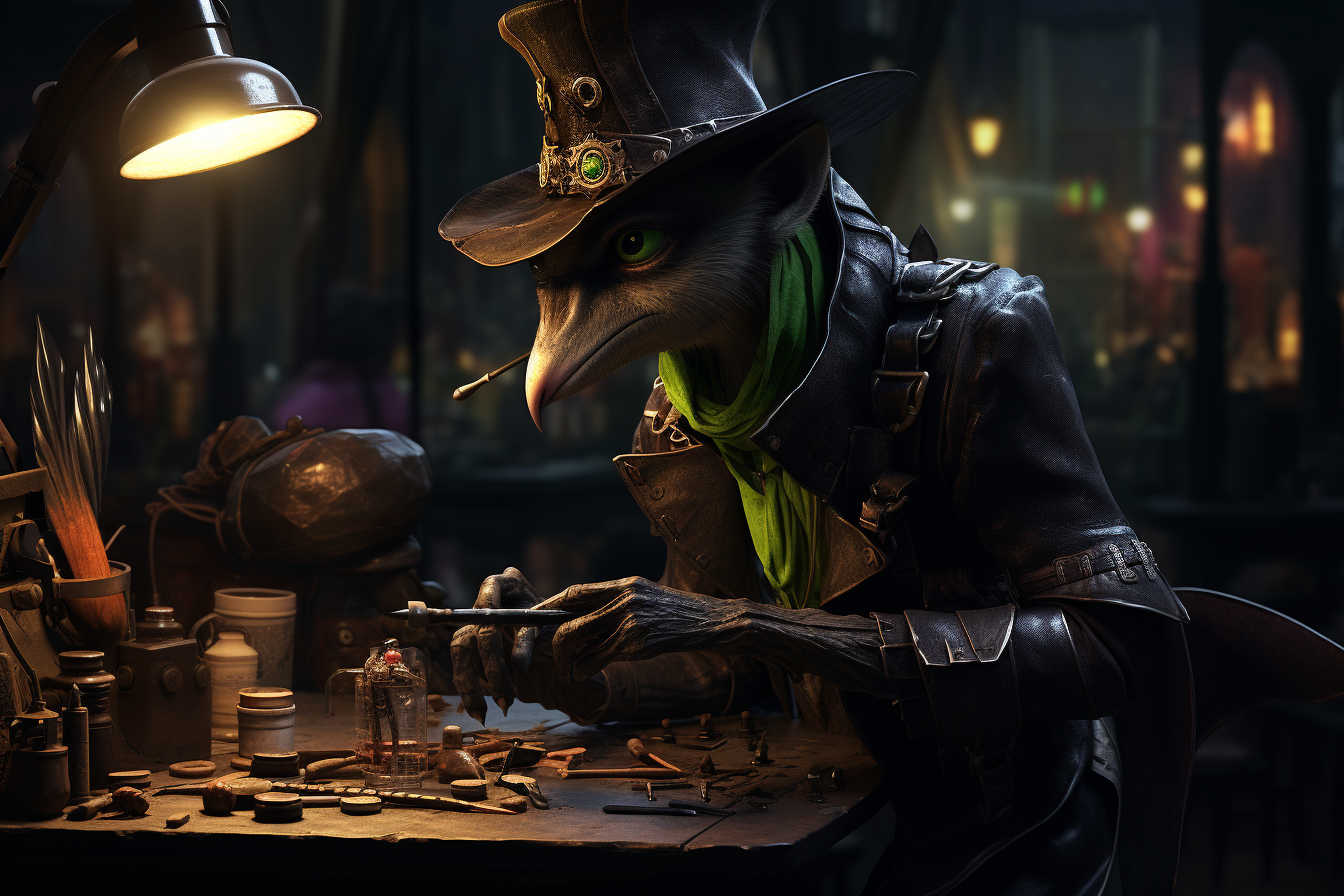 Green-skinned Bat Folk Blacksmith creating a masterpiece