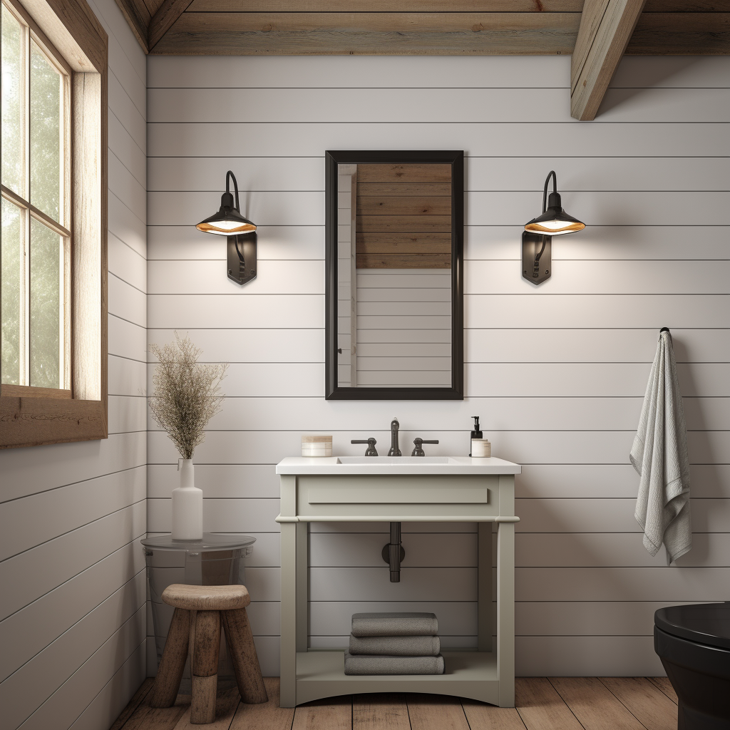 Modern bathroom with shiplap wall and sconce lighting