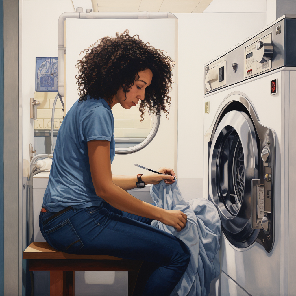 Woman Putting Laundry into Bathroom Machine