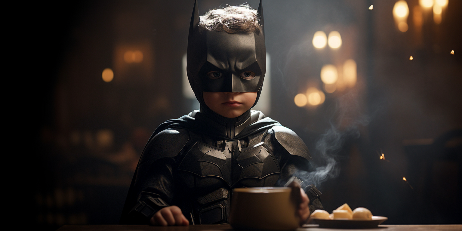 Young boy dressed as Batman at night