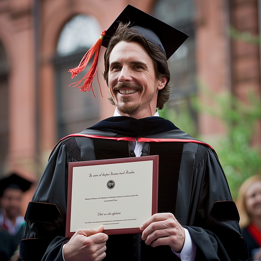 Batman with diploma at graduation ceremony