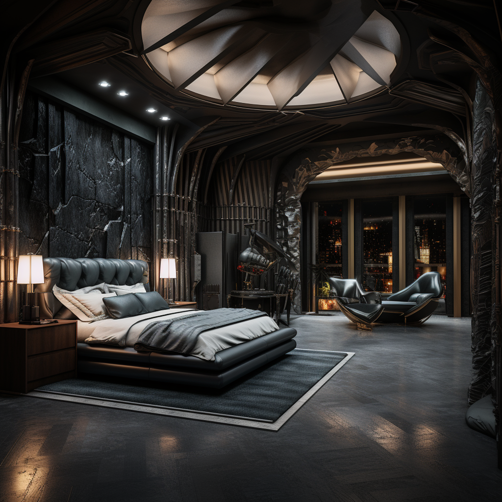 Elegant bedroom in a Batman-inspired mansion