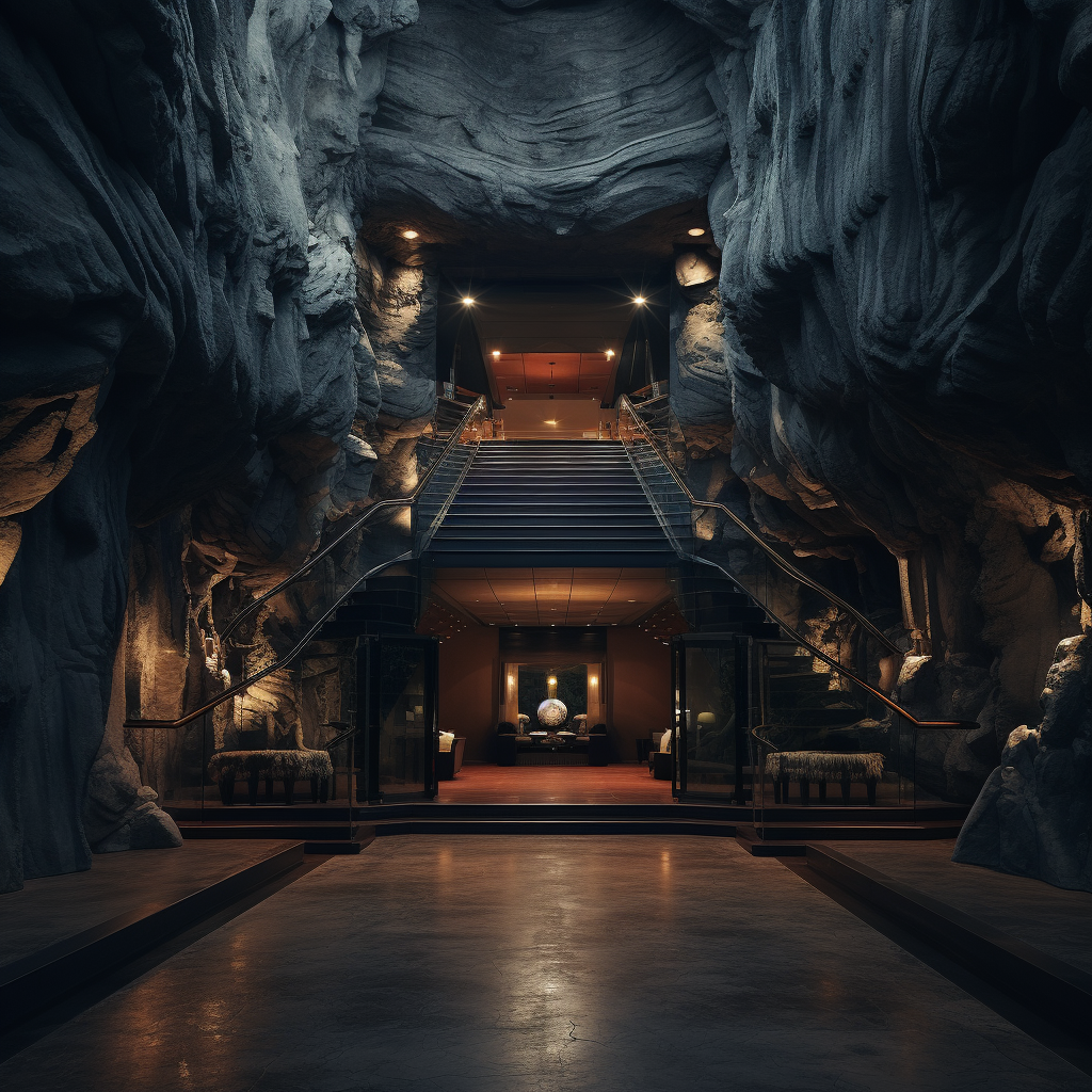 Entrance of a Batman-inspired mansion within a cave