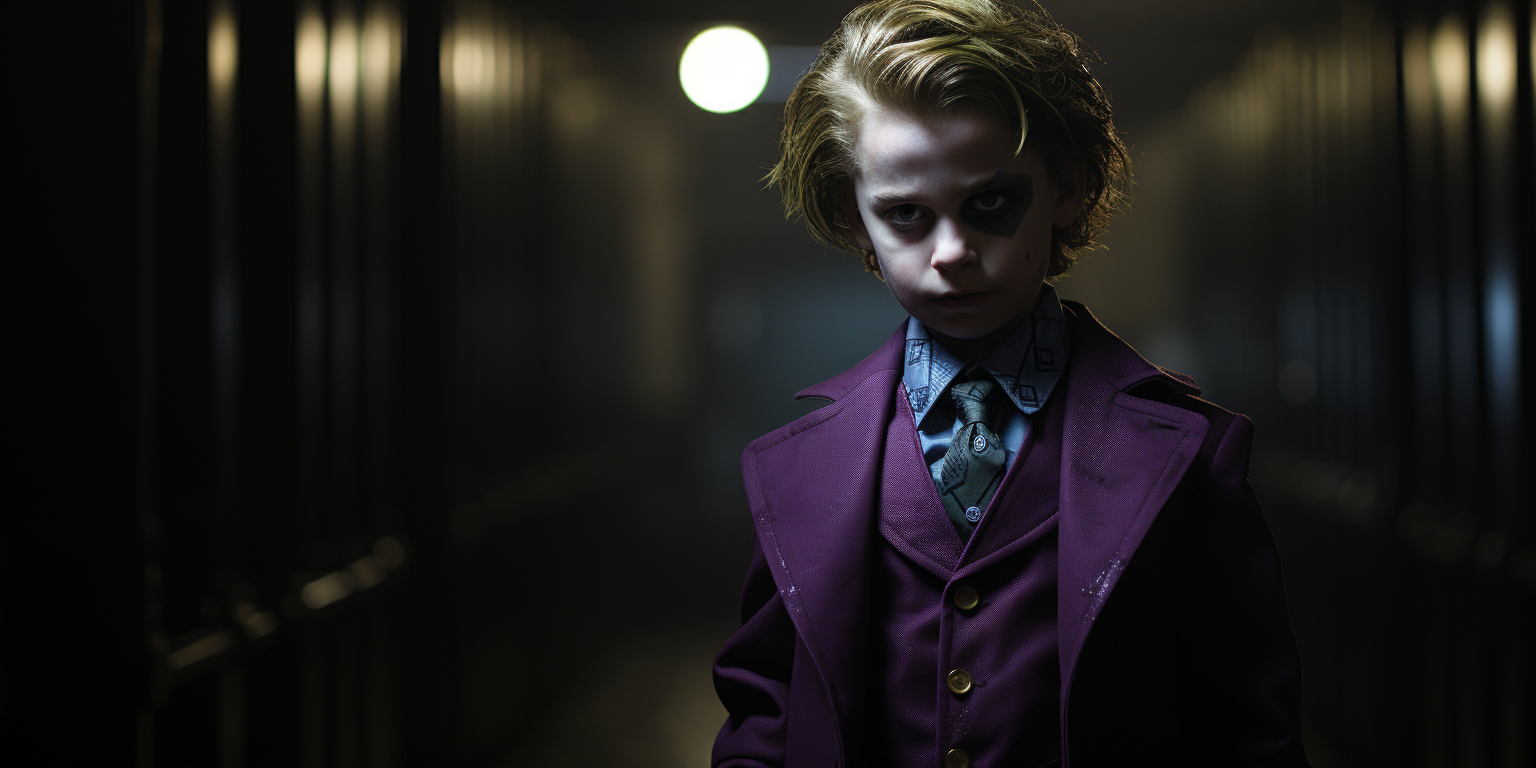 Young boy dressed as Batman in Joker's lair