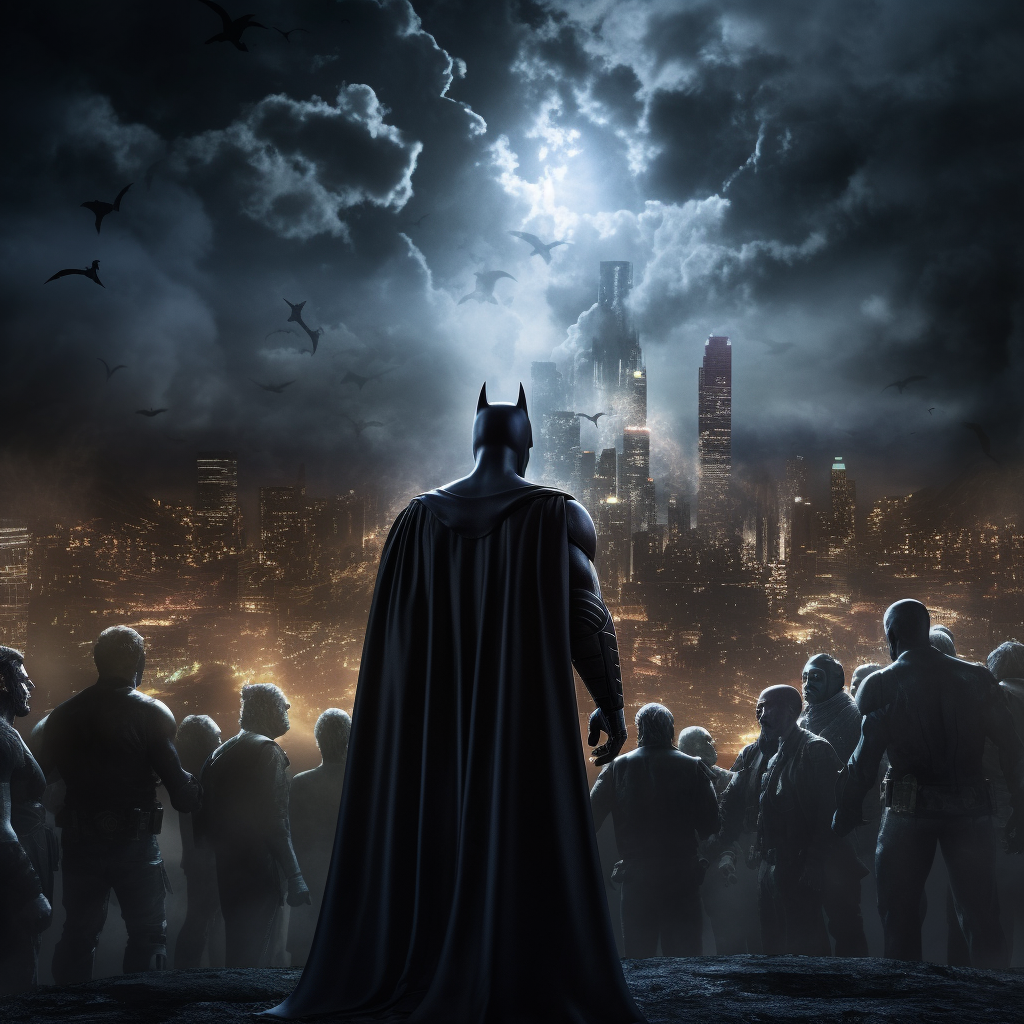 Batman stopping villains under the night sky