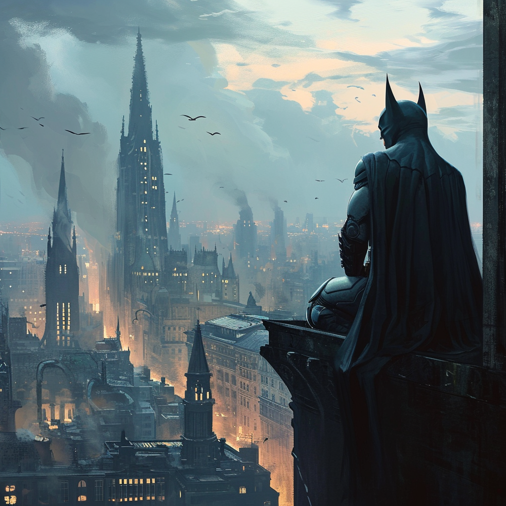 Batman reigning over Gotham cityscape in DC comic style