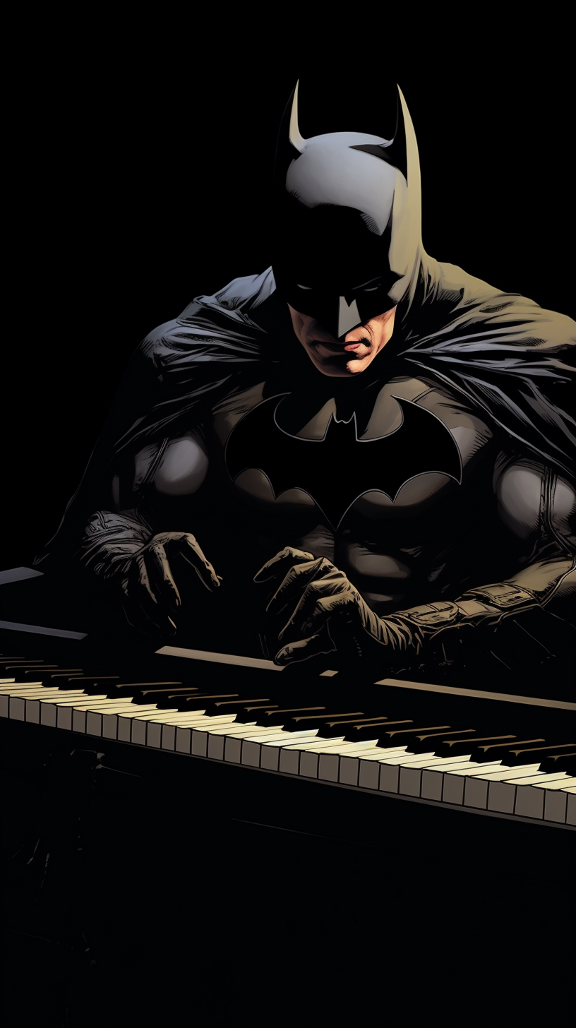 Batman passionately playing piano like a maestro