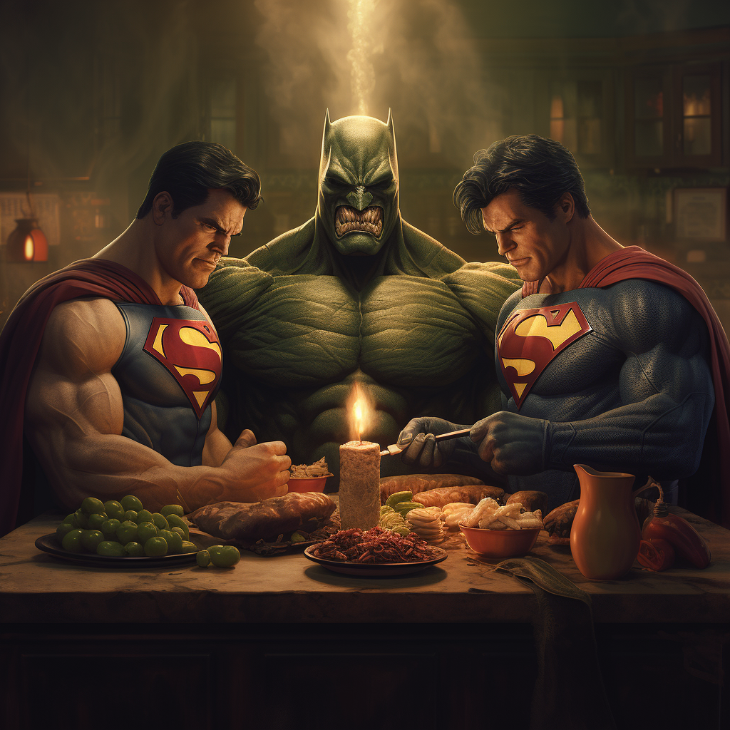 Batman, Superman, Hulk Eating Meat Skewer