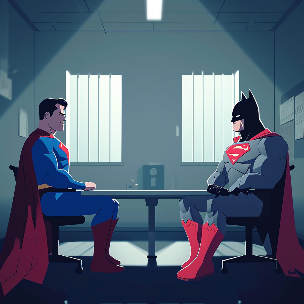 Batman and Superman in Interrogation Room