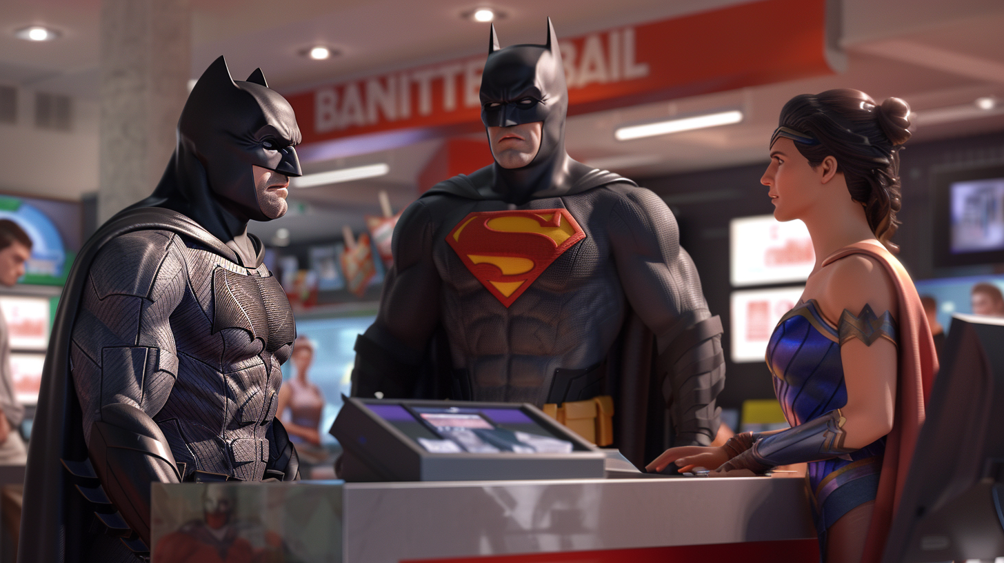 superheroes bank branch serving customers