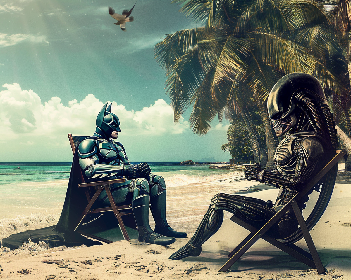 Batman and Xenomorph on tropical beach