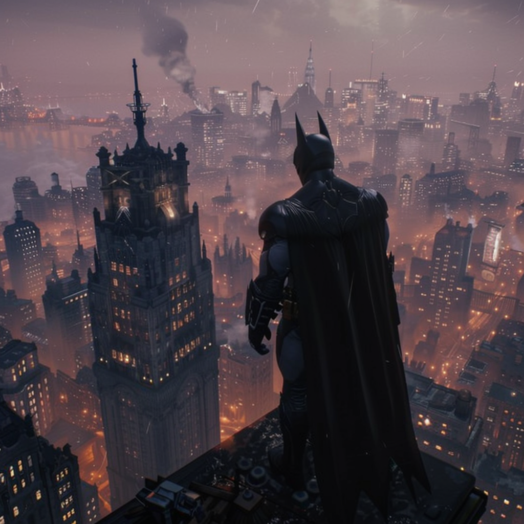 Batman overlooking city rooftop view