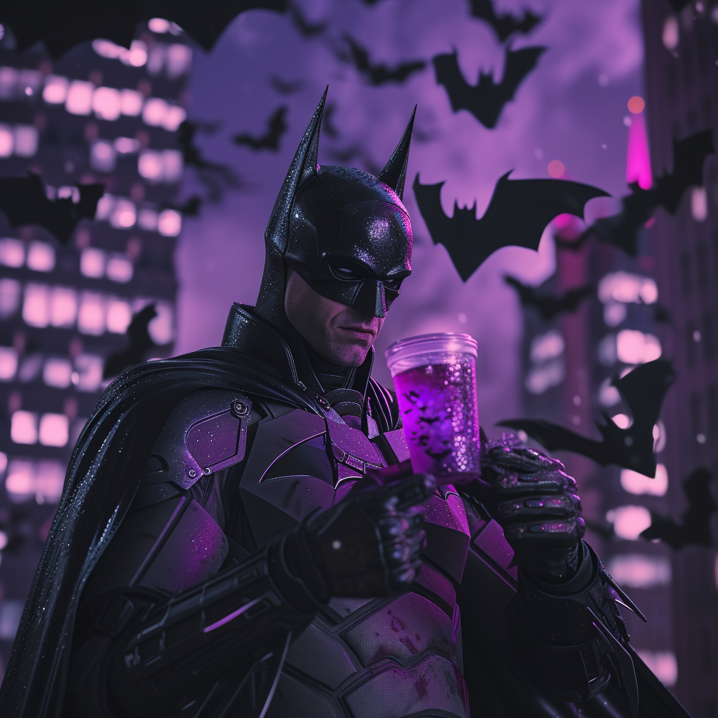 Batman holding cup with purple liquid surrounded by bats