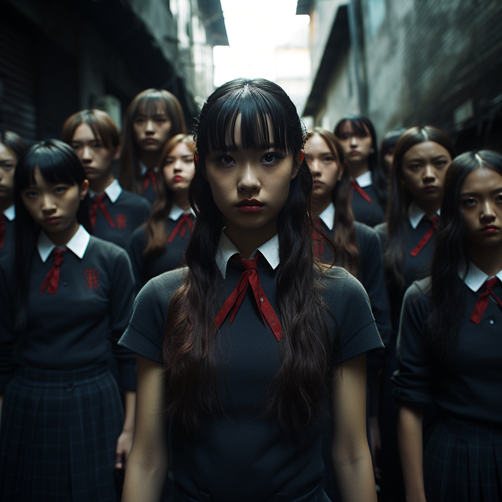 Group of Shanghai schoolgirls on a wall