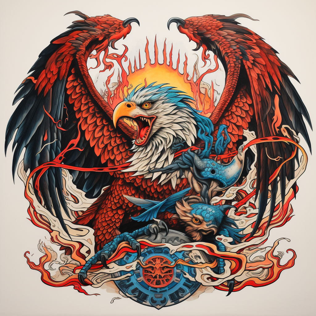 Impressive battle royale traditional tattoo with eagle and dragon