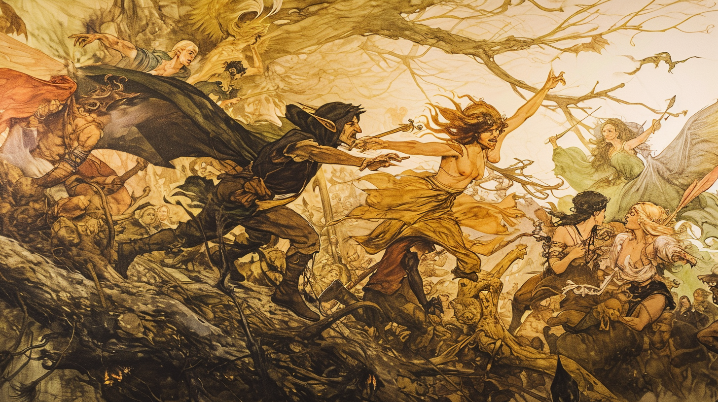 Faerie army battling with witches illustration