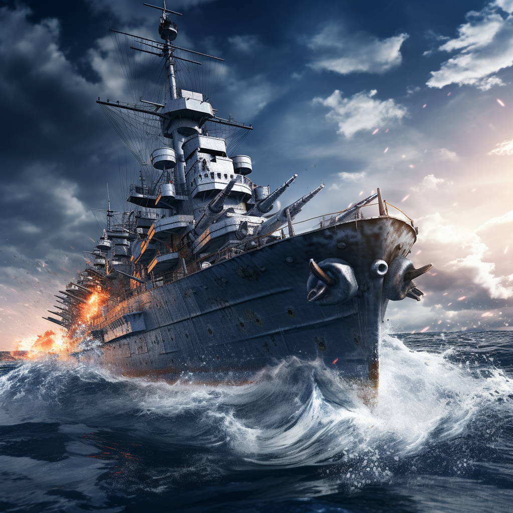 3D rendering of battleship in naval battle