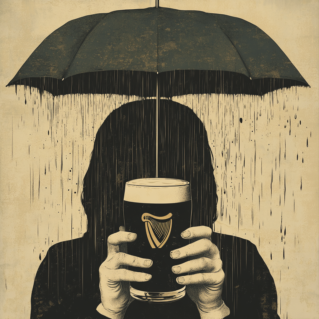 Person holding Guinness under umbrella in rain