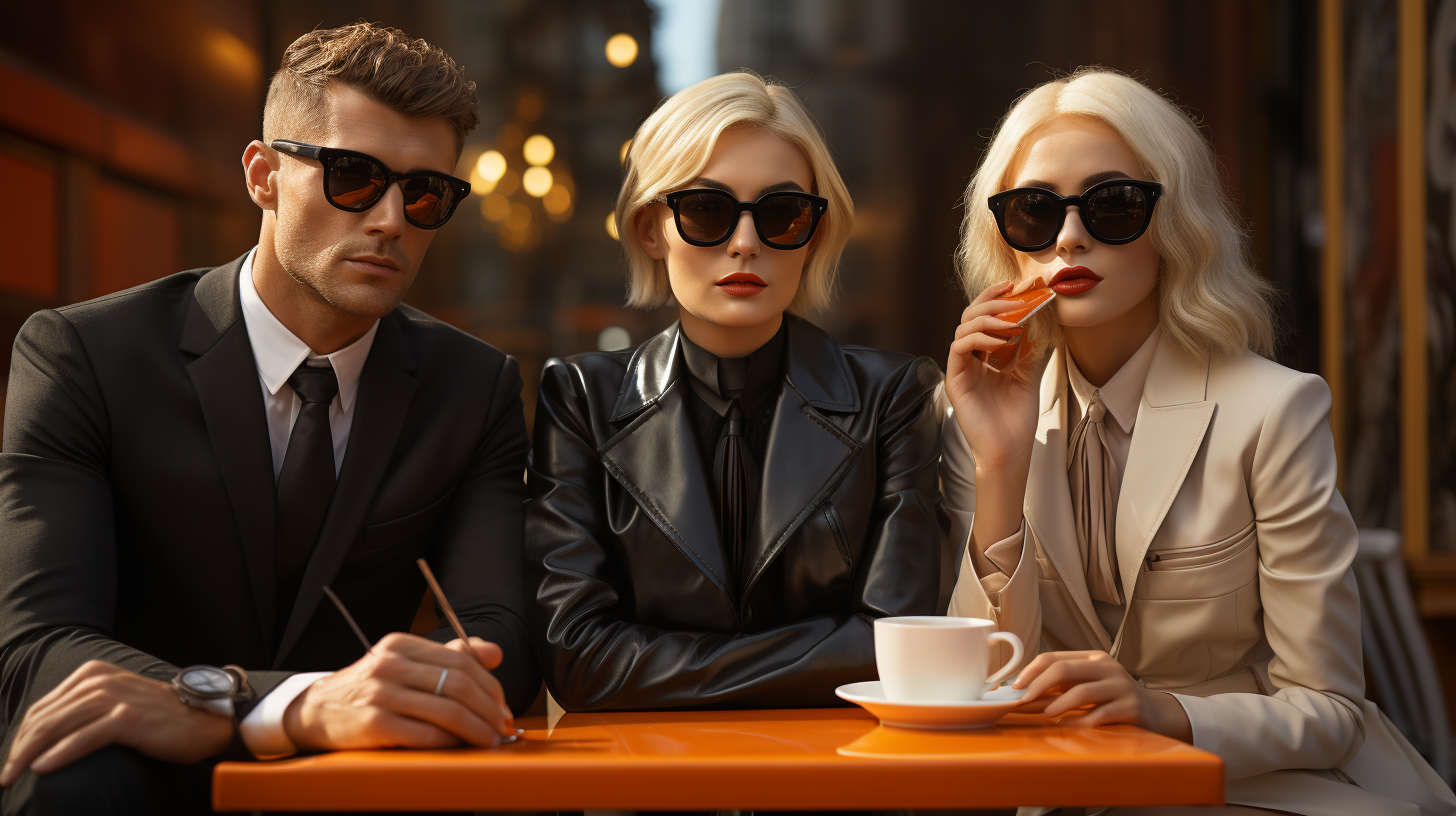 Designer wearing sunglasses with coffee-drinking women