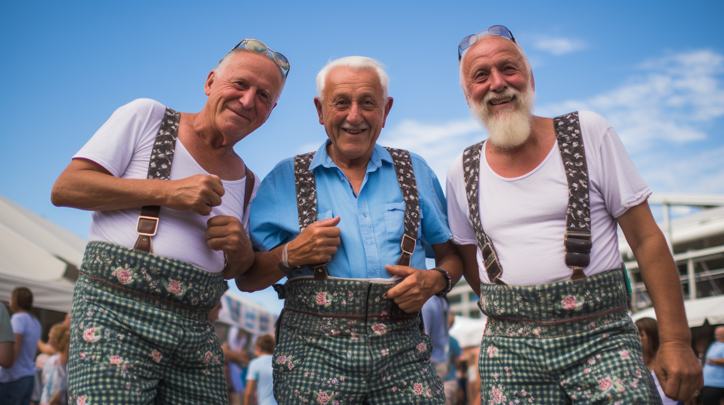 Three Bavarians wearing heart-patterned underpants at Oktoberfest