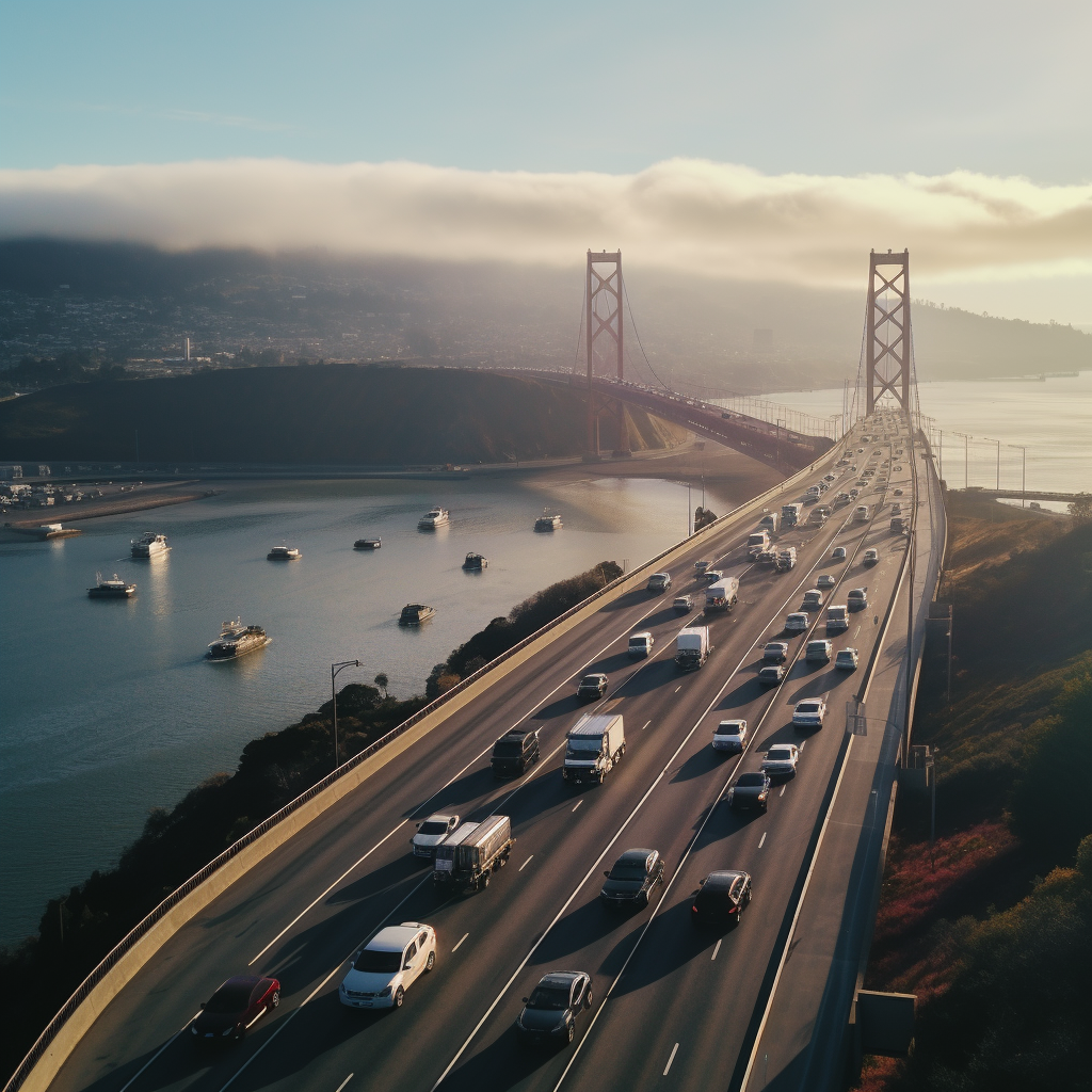 Cinematic drone shot of cars driving towards San Francisco