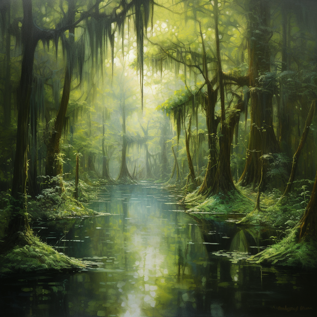 Vibrant bayou landscape with fluorescent tendrils