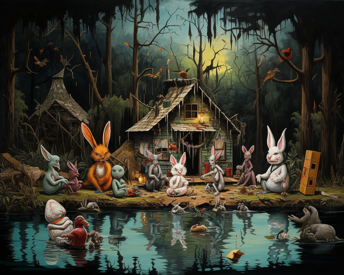 Mythic animal characters in a surreal bayou swamp