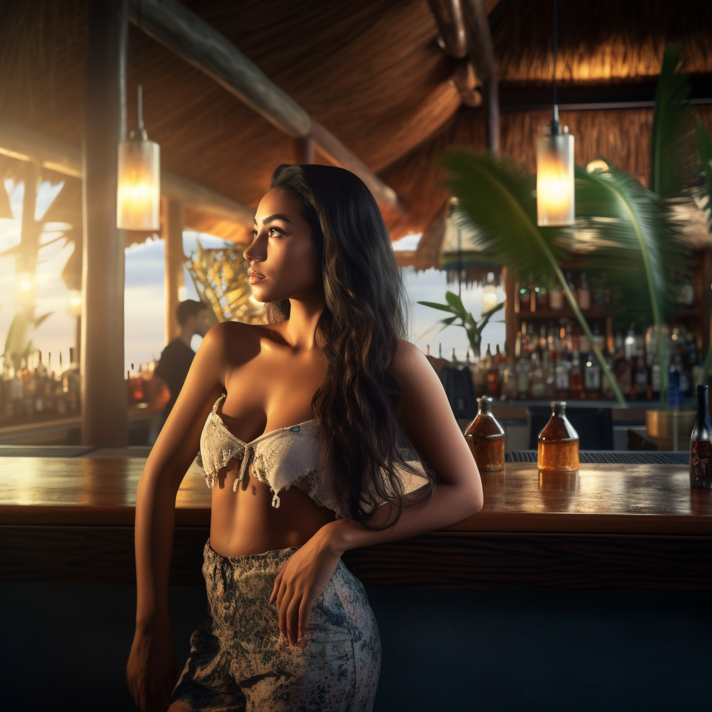 Asian bartender serving tropical drinks