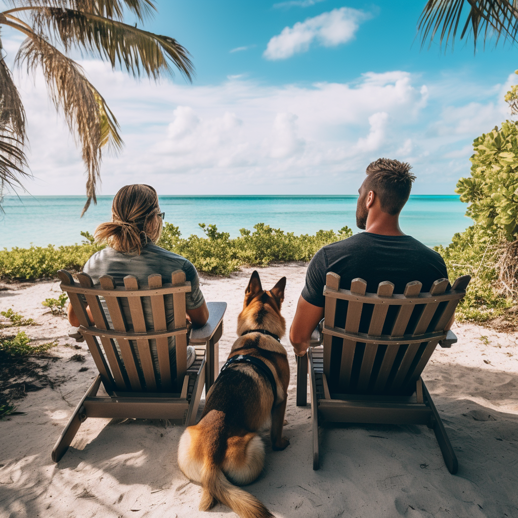 Man with German Shepherd enjoying Bahamas beach view