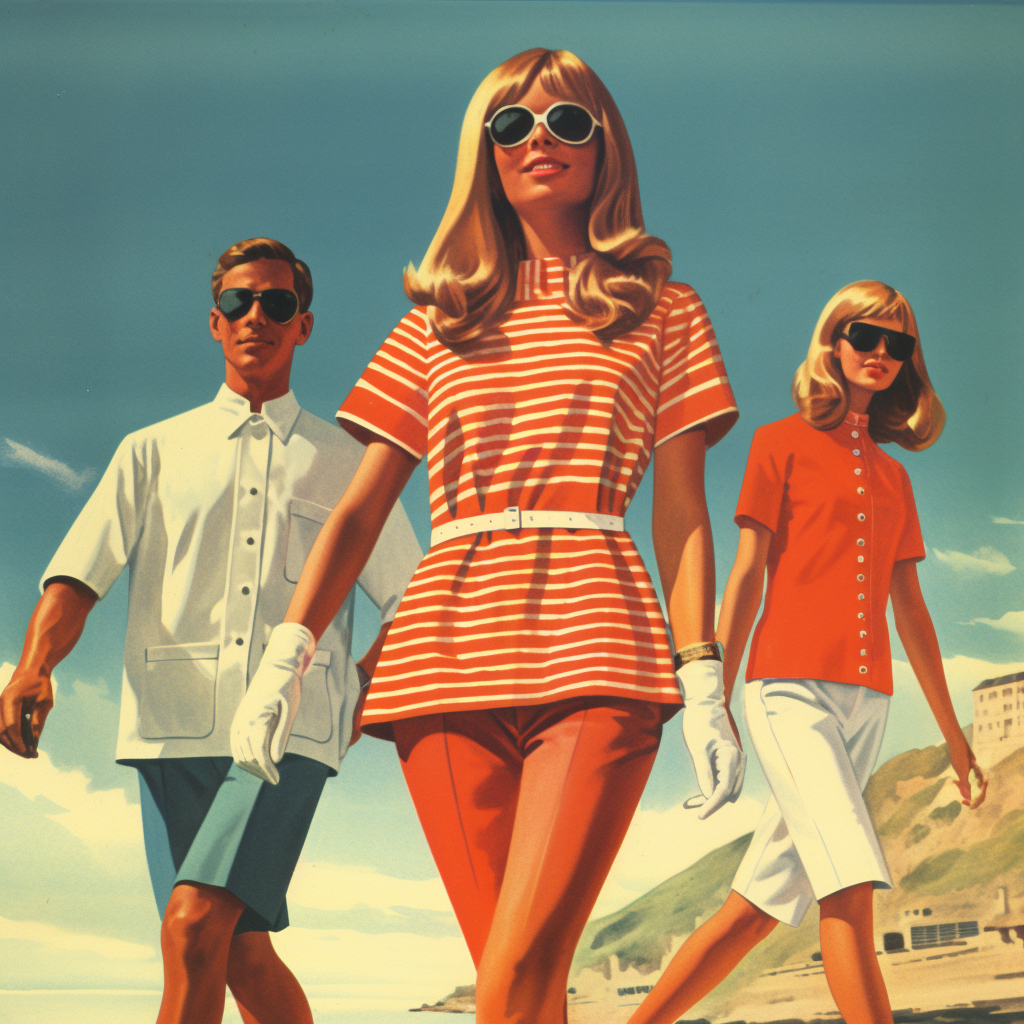 Vintage beach clothing advertisement showcasing summer fashion