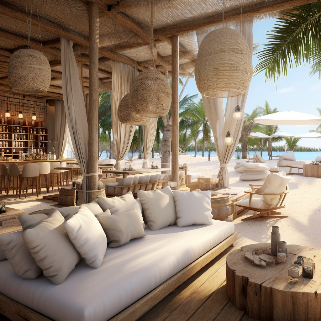 Relaxing beach club with white sofas and ocean view