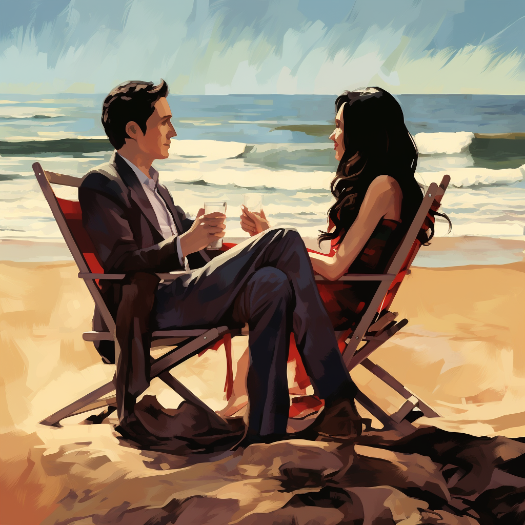 Couple Beach Chairs Water Dark Hair