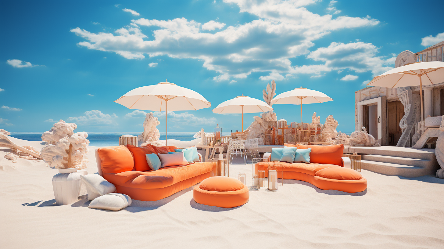 Beach hotel rooftop with sand, bean bag, umbrella, and bar