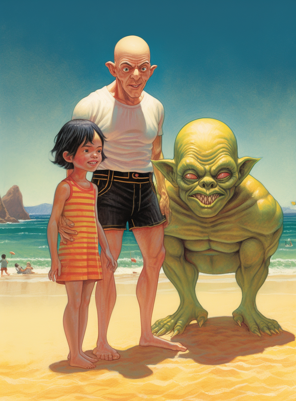 Three-year-old boy, Mexican woman, and bald white man on a beach with a monster