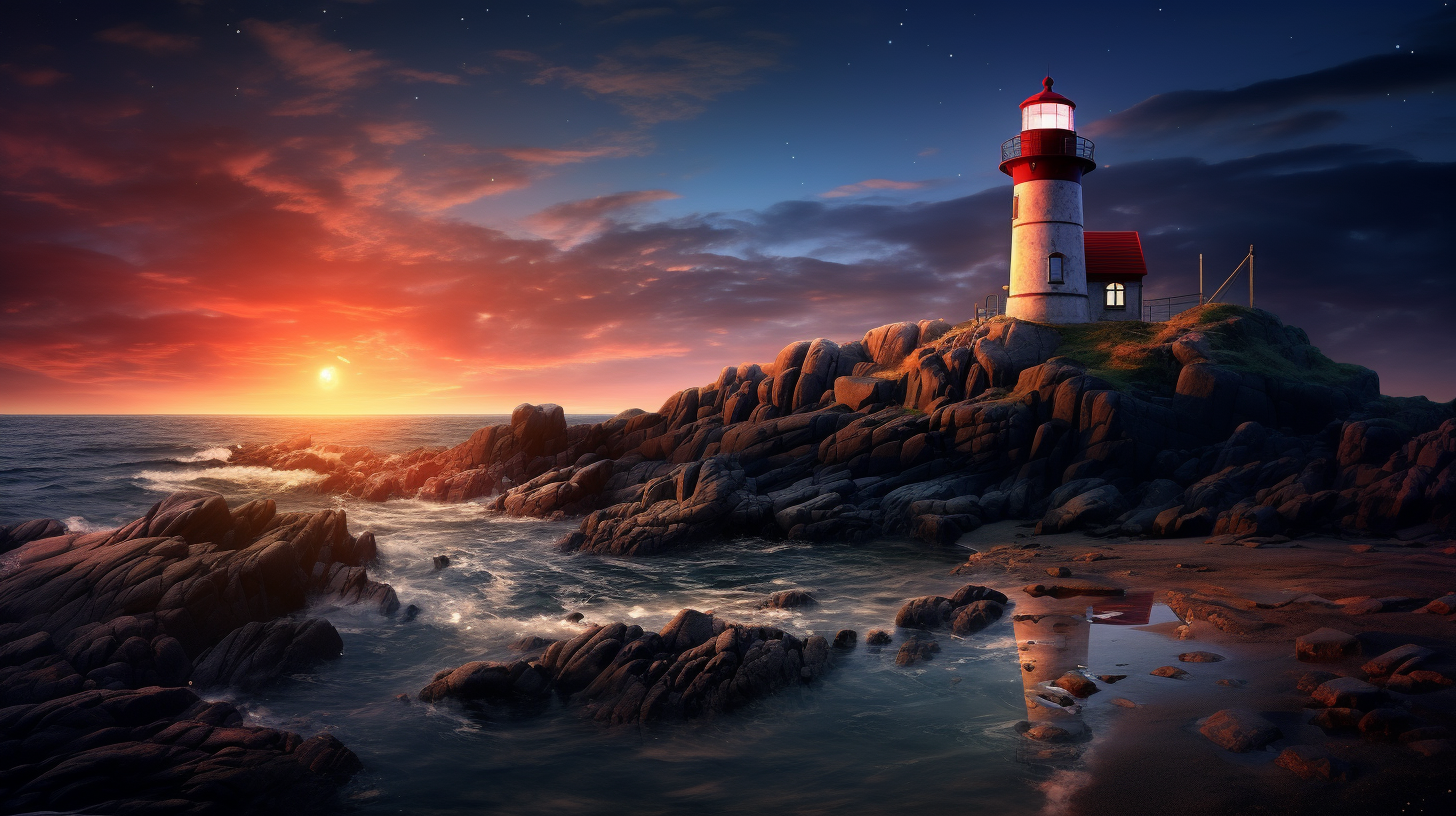 Beautiful beach night lighthouse scenery