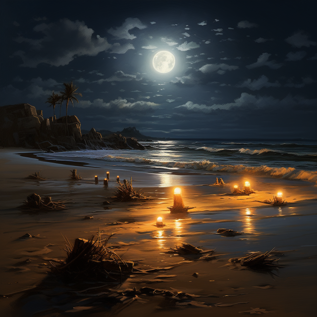 Beautiful beach candles under moonlight