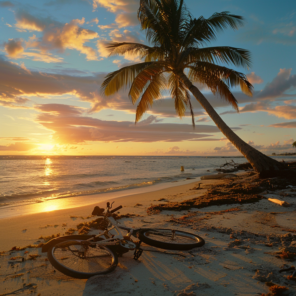 beach palm tree sunset bicycle