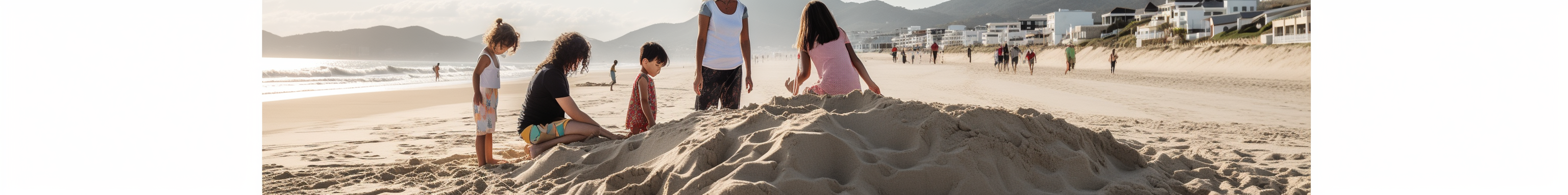 Parents and kids building sand castles on the beach