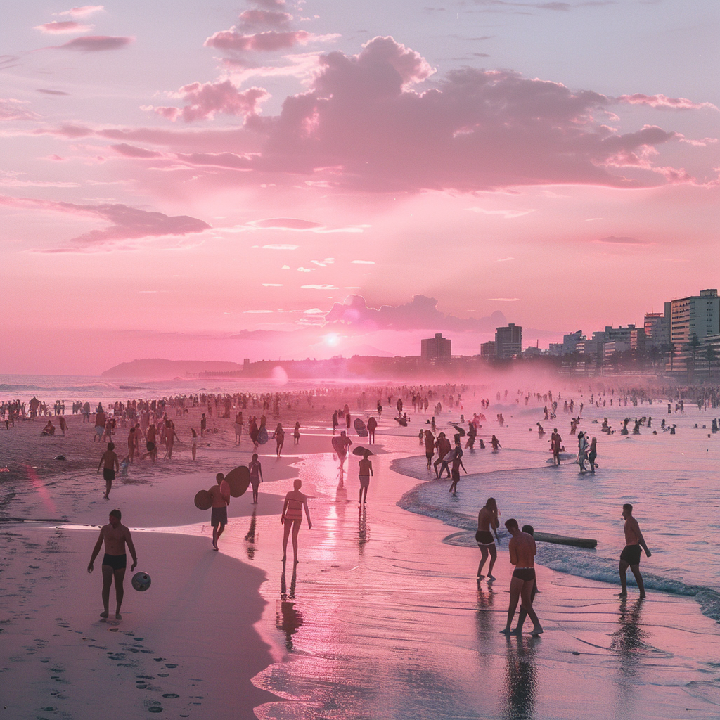 People playing beach soccer at sunset