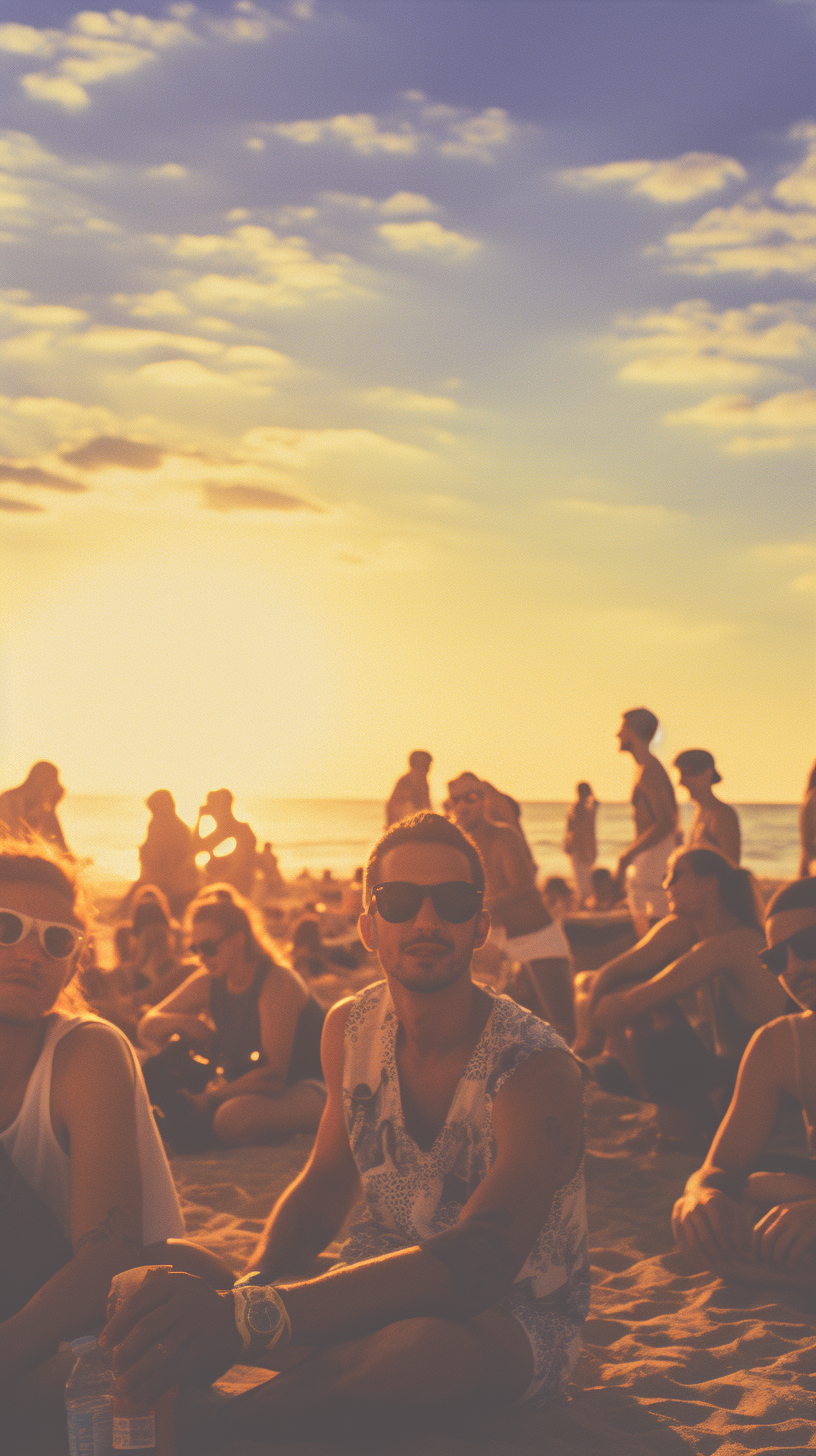 People on the beach at sunrise in Ibiza