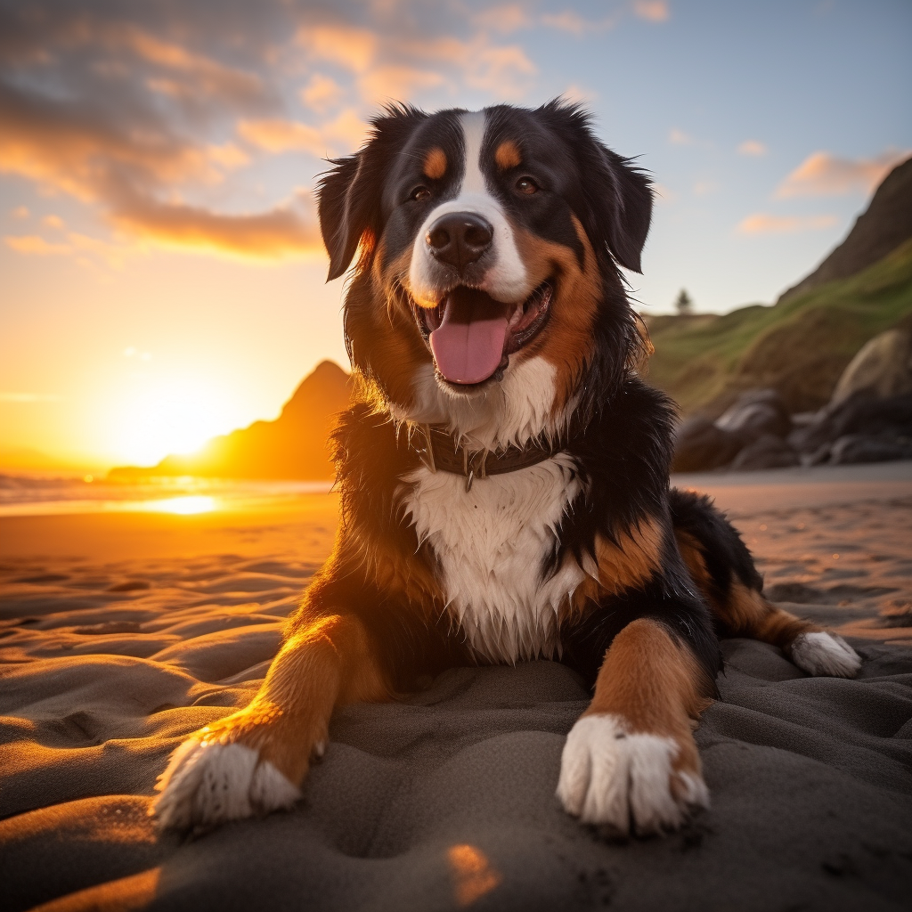 Adorable Berner Mountain Dog on the Beach